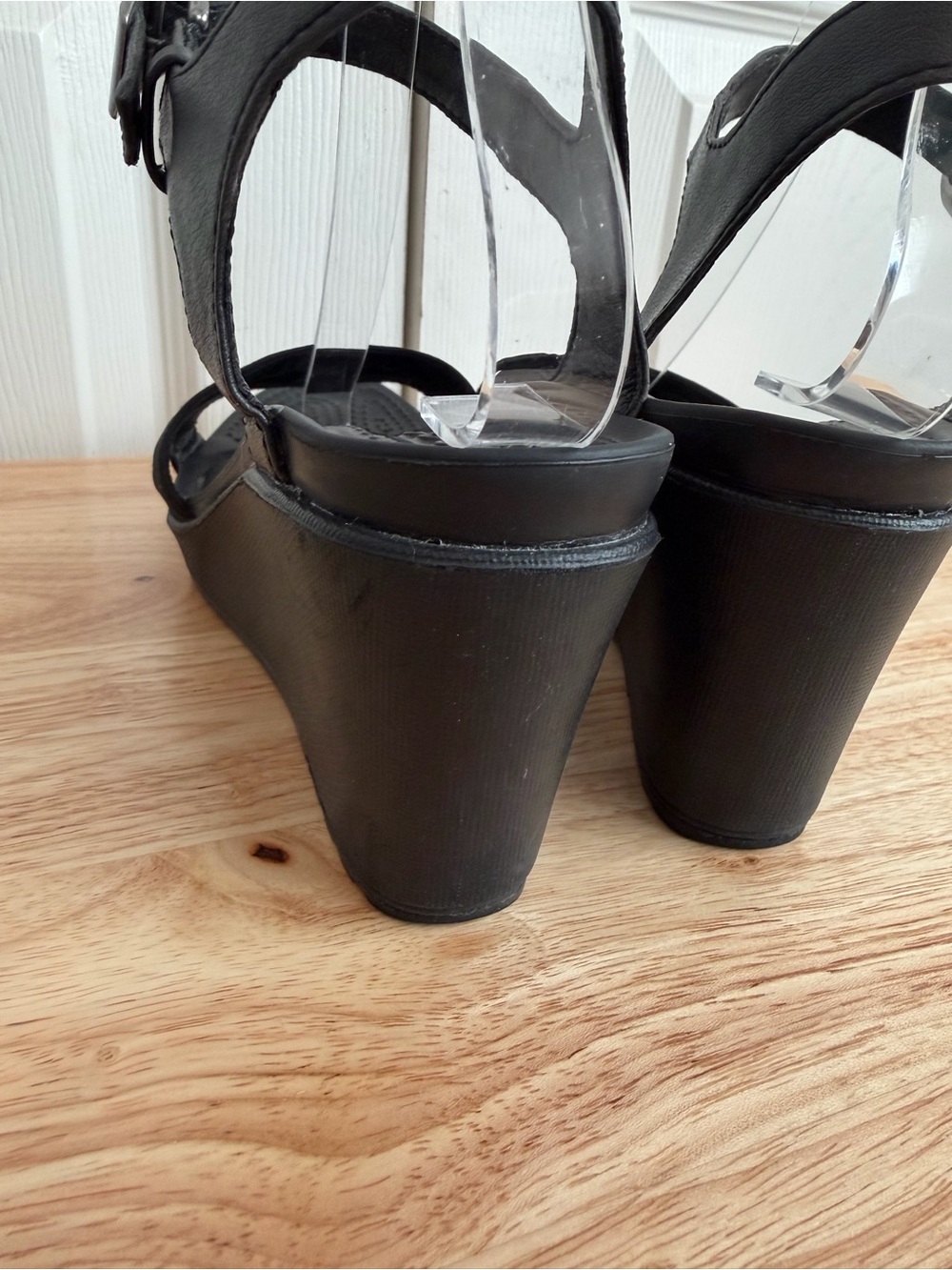 Crocs Leigh II Wedges Black Canvas Ankle Strap Sandals Y2K Minimalist Chic W7 - Picture 9 of 12